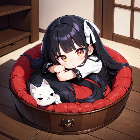 masterpiece, best quality, detailed beautiful face and eyes,super fine illustration,beautiful artwork,anime screencap,1girl, beautiful black hair,wolf hairstyle,chibi,full body,from side,sleepy-eyed,face tatoo,coffin,white cutter shirt,ribbon tie