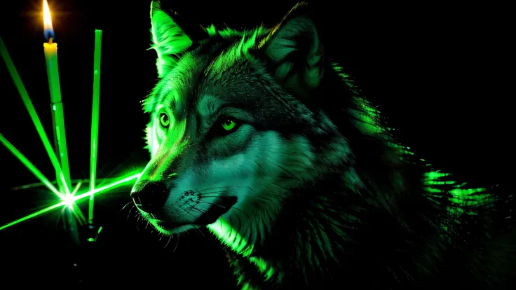 kids girl vampire green clothes. and candles and wolf , green laser