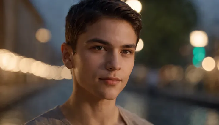 Portrait of a boy in post-rain urban environment, the AI focuses its attention on an incredibly handsome young man. Drops of water run down your face, reflecting the city lights at night. A cena&#39;The lighting is dominated by streetlights that create ill...