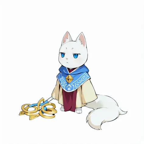 white cat with a blue scarf and a gold staff, anime style, magician, neferpitou, character art, god of cats, anthropomorphic female cat, cute, beautiful, masterpiece, high quality, best resolution, HD, 4k, detailed