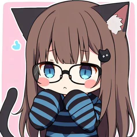 chibi, nachonekotype, animal ears, cat ears, shirt, dark brown hair, blue eyes, square black glasses, thick frame glasses, tail, long hair, hair ornament, closed mouth, striped, sleeves past wrists, bangs, blush stickers, striped shirt, cat tail, solo, cat...