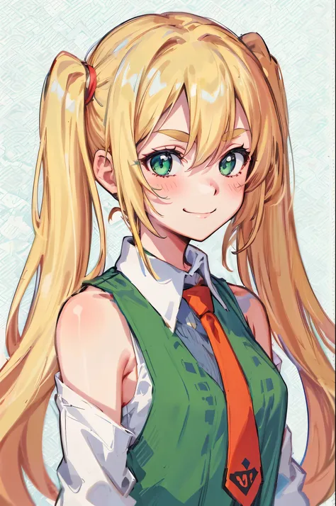 1girl, rating:safe, solo, white_shirt, smile, shirt, blonde_hair, closed_mouth, bangs, hair_between_eyes, collared_shirt, blush, long_sleeves, twintails, sleeveless, dress, eyebrows_visible_through_hair, looking_at_viewer, sleeveless_dress, upper_body, gre...