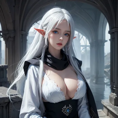 best quality, (wide shot), CGSsociety, 8K, ultra-realistic, masterpiece, dark elf child, white hair, blue eyes, white clothes, black scarf, looking up, upper body showing big breasts, lock of hair, dark skin  , straight and loose hair