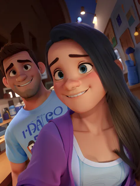 Estilo Pixar, alta qualidade, casal menino de camisa azul meio japinha com barba no queixo baixa, de camisa a azul escuro sorrindo de cabelo meio grande, menina sorrindo com aparelho no dente, camisa clara