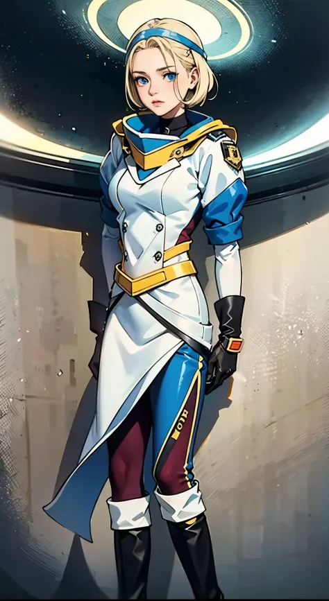 A girl with short light golden hair, a metal headband on her forehead, an icy gaze, a detached expression, a smooth and exquisite facial appearance, a sci-fi military uniform, white as the main color, complemented by blue and yellow accents, short sleeves,...