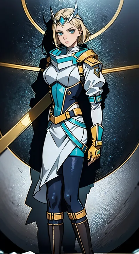 A girl with short light golden hair, a metal headband on her forehead, an icy gaze, a detached expression, a smooth and exquisite facial appearance, a sci-fi military uniform, white as the main color, complemented by blue and yellow accents, short sleeves,...