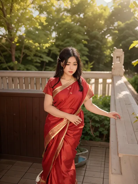 cute sexy girl, black hair, medium boobsrealistic face,8k there is a woman standing on a balcony with a city in the background, assamese aesthetic, taken with sony alpha 9, with a city in the background, wearing bihu dress mekhela sador, candid picture, wi...