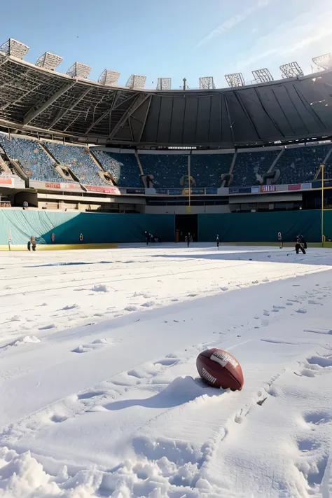 Campo da NFL na neve de tarde com torcida