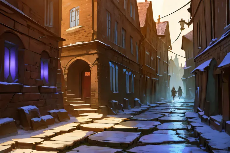 Narrow alleys and squares with shining magical stones, medieval city, houses have no more than 2 floors, most are single-story, dirt floors. As they progress, the environment becomes more ethereal, with magical shadows and reflections in puddles.