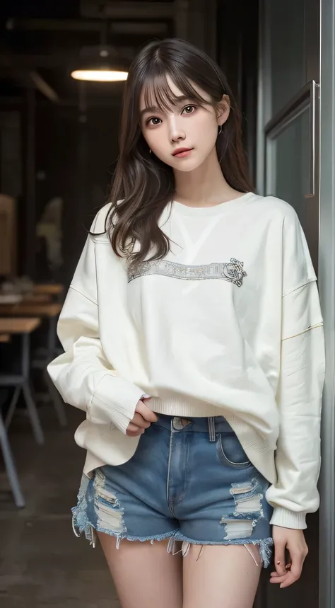 Innocent 16 year old girl、((Random color oversized sweatshirt,random shorts,Reduce visible area of shorts,dramatic pose)),cute face,bright eyes,tear bag,shy smile,shortcut,Cafe background,RAW photo, (8K、highest quality、masterpiece:1.2)、(intricate details:1...