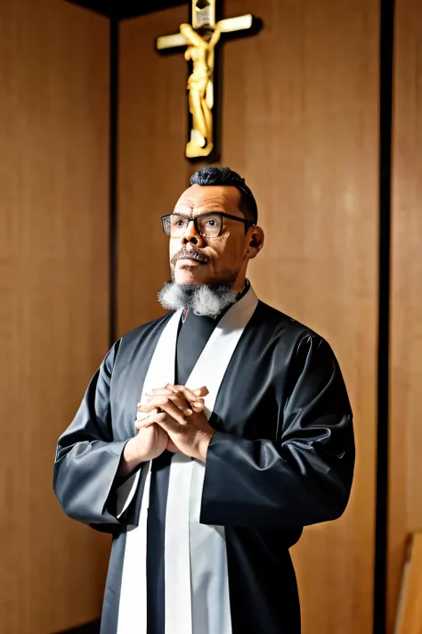 A priest in black attire with a white collar, hands in prayer, wearing a gold crucifix outside his cassock, against a bokeh background., gutto2024lora2