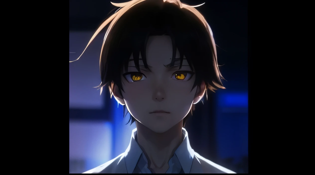 ultra realistic picture of anime male character Ayanokouji Kiyotaka, 17 years, standing, brown curtain messy hair, dark yellow eyes, glowing eyes, flat face, no expression, intimidating luminous eyes, flat eyebroes, wear school shirt, white shirt with blue...