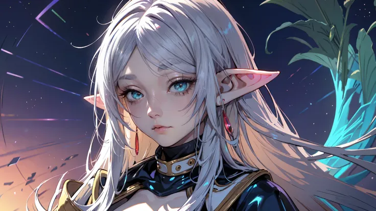 Anime aestetic CG style art, and popular on artstation , colorful masterpice . Dreamlike . Bioluminescent and soft lihts .
A close-up portrait , beautiful waifu  elf with white bob , hime hairstyle and purple eyes .
The character lies in a set of white det...