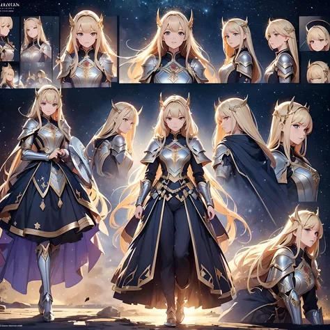 ((Masterpiece, Highest quality)), Detailed face, Detailed hair, Character Design Sheet, full body, Full of details, ((Multiple poses, multiple expressions, multiple hairstyle)), smile, Highly detailed, Depth, Many parts, Beautiful paladin girl, holding a s...