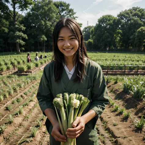 young smiling japanese leek farmer