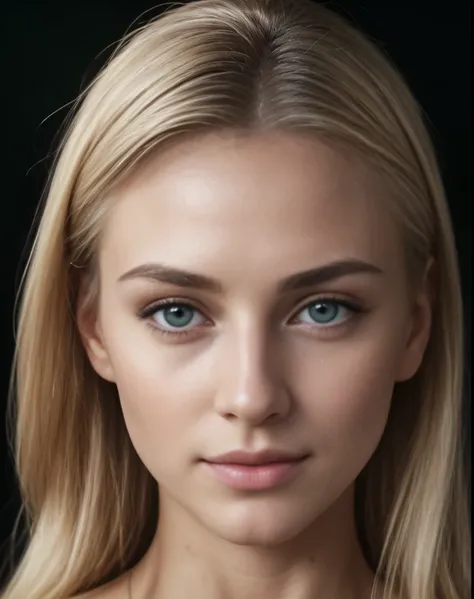 frontal photo, portrait of a blonde woman with straight blond hair, very details pronounced deep-green eyes, a very fine nose, snub nose. Very seductive and bewitching, her face is very well proportioned with the golden ratio. Thin face. Visible skin pore....