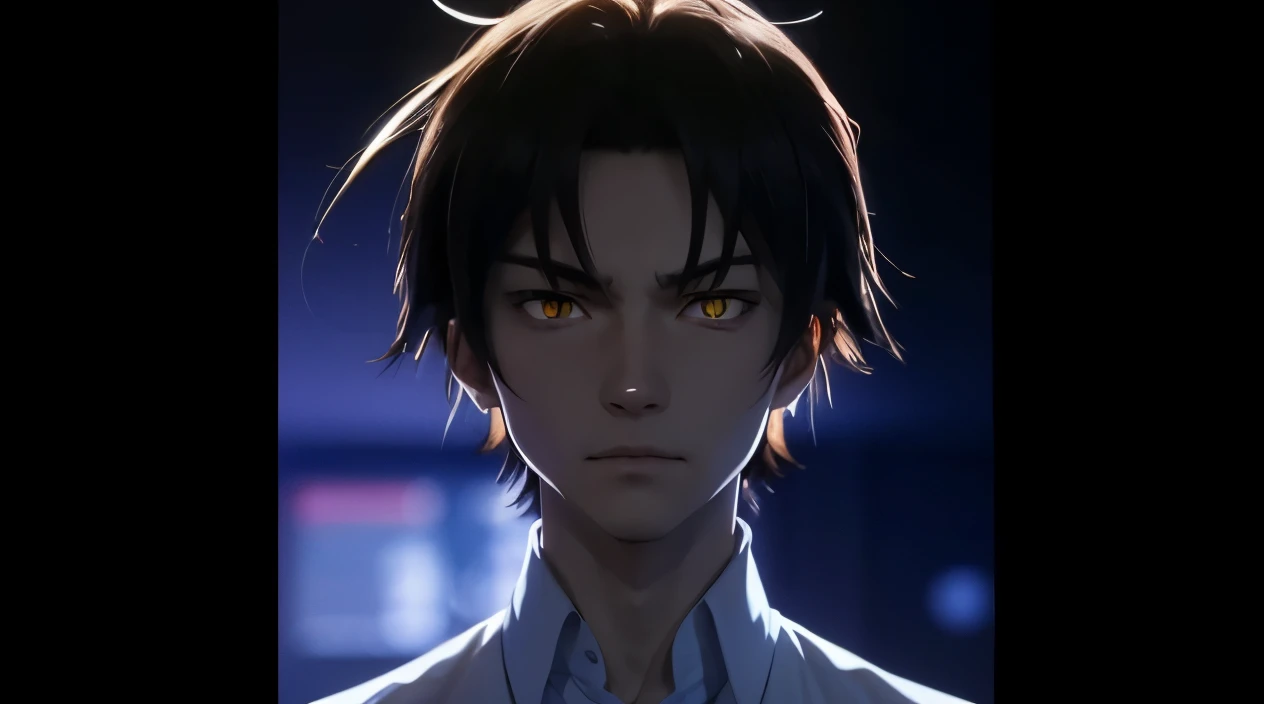 ultra realistic picture of anime male character Ayanokouji Kiyotaka, 17 years, standing, brown curtain messy hair, dark yellow eyes, glowing eyes, flat face, no expression, intimidating luminous eyes, wear school shirt, white shirt with blue tie, dark situ...