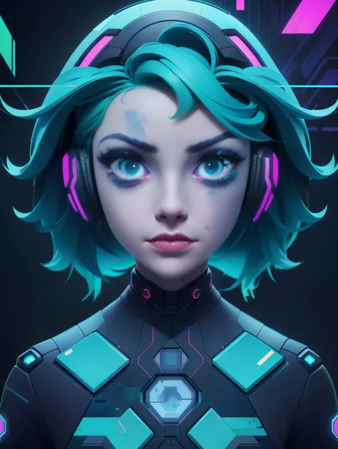 solo, 1girl, ((portrait)), (electric green hair), (electric blue eyes), ((Cyber punk outfit)), (symmetrical eyes), (Perfect face), (Perfect Anatomy), (looking at viewer), (cyber shot), ((Glitch Art background)), (glitch art:1.6) ((glitch effect)), (8k), (H...