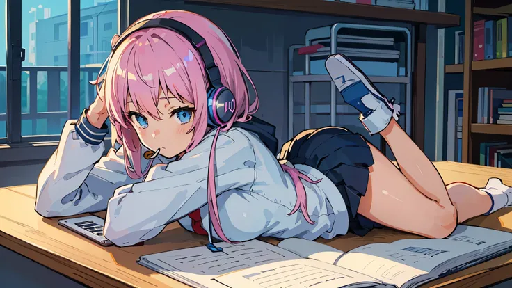 (best quality:0.8) perfect anime illustration, youre a pretty cute girl listen relax music in your headphones, studying, (perfect body, no strange forms), in the school