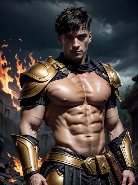 ((masterpiece)),((best quality)),8k, high detailed, ultra-detailed, Stylish Pose, real skin texture, dark cinematic lighting, full body shot, 35 mm lens, night, dark night, masculine, 26-year-old Italian male model, handsome Roman, he is the god of war, he...