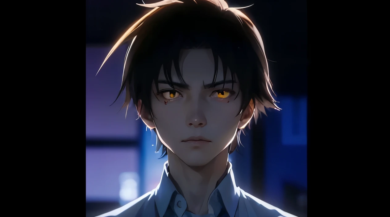 ultra realistic picture of anime male character ayanokouji kiyotaka, 17 years, standing, brown curtain messy hair, dark yellow e...