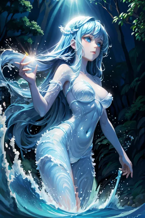 watergirl, long blue hair, blue eyes, in sea, big breasts, bright