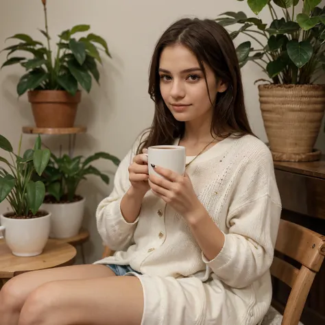 1 girl, high quality, cozy atmosphere, coffee in her hands, 1 plant in the background, background sharp, with good looking white nails