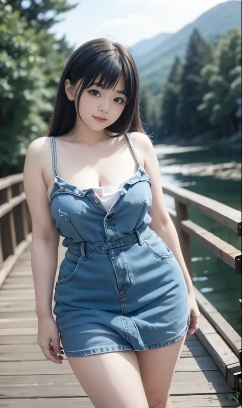 arafed woman in denim dress posing on a wooden bridge, nara michi trending at cgstation, realistic young gravure idol, reminisce...