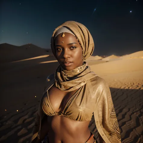 Wide angle shot of black woman wearing african designed hijab in the desert, surrounded by splashindlg sand dust, sand dune in background, night time with glowing sand particles lighting the scene, artgerm style, 32k, ultra HD, unreal engine rendered, hype...