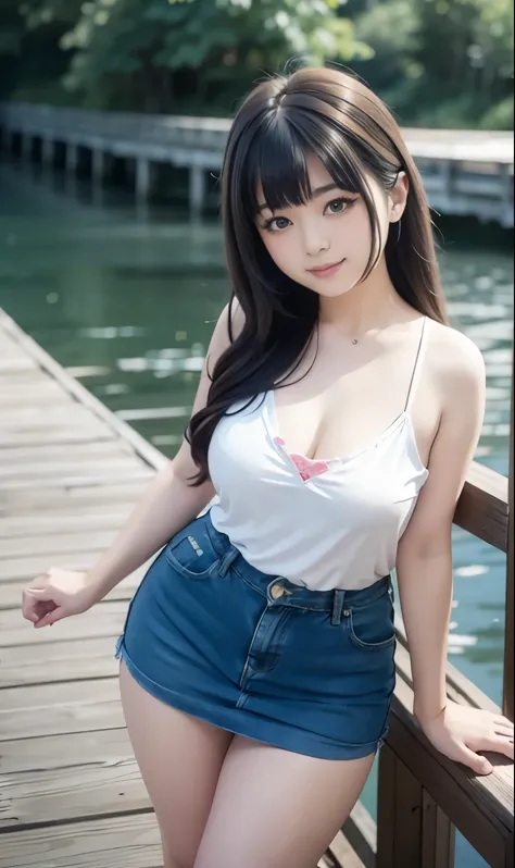 arafed woman in denim dress posing on a wooden bridge, nara michi trending at cgstation, realistic young gravure idol, reminisce...