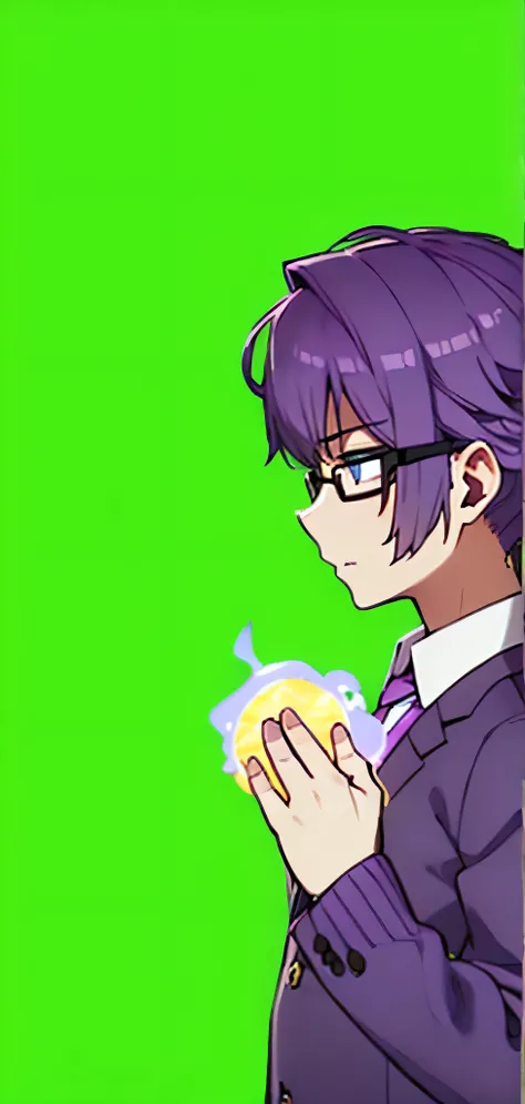 boy, purple hair almost to the shoulders, purple school uniform, red, tie,Grey shoes,Black poison glasses, Blue eyes, five star icons, boy мило улыбается от любви