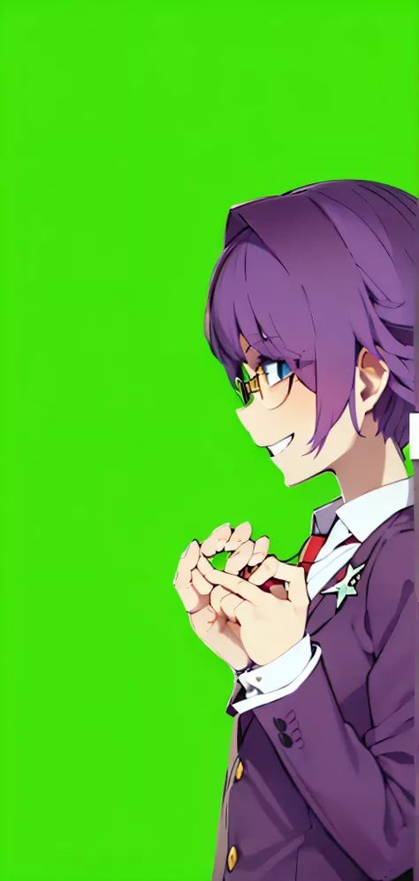 boy, purple hair almost to the shoulders, purple school uniform, red, tie,Grey shoes,Black poison glasses, Blue eyes, five star icons, smiling