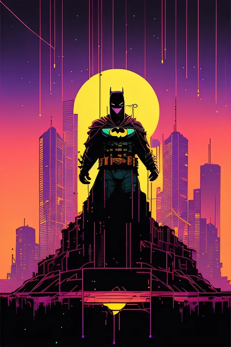 (nvinkpunk:1.2) (snthwve style:0.8) batman, fantasy, lightwave, sunset, intricate, highly detailed, batman head stencil, flowing cape,