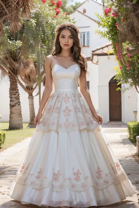 crie Um vestido de noiva branco com detalhes em marsala, ajustado no corpo, com rendas delicadas branco com detalhes em marsala sobre um forro nude, proporcionando um contraste sutil. the dress may have a flowing skirt, com camadas de tule em diferentes to...