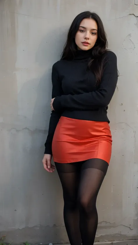 skirt, business outfit, young girl, red tights, long black hair, warm clothes, full length, against the wall ((Best quality)), ((Masterpiece)), (detailed), perfect face