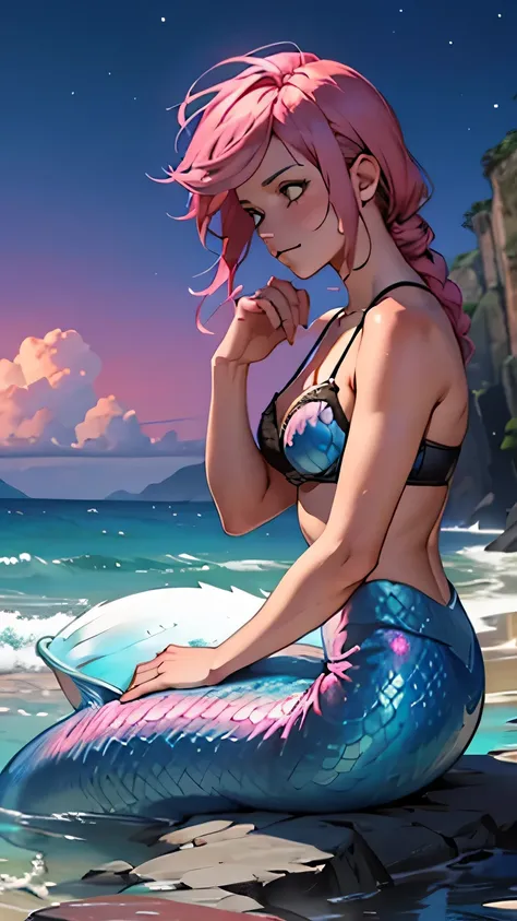 Mermaid, Pink Hair, Sitting on a rock, Edge of the ocean, night Background, shell bra, Beautiful, Very beautiful, Detailed, very detailed, High quality, Singing action, Expression of sadness, Looking ahead, Hand directed towards spectator