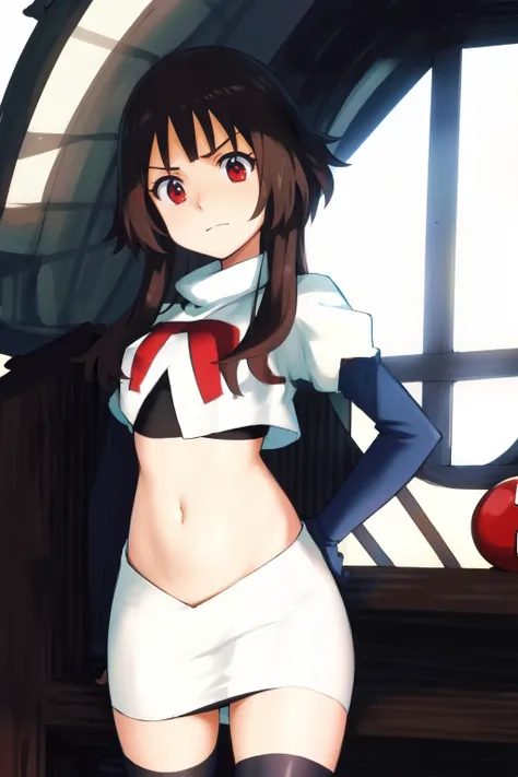 anime coloring, 
1girl, solo red eyes, brown hair,short hair with long locks, bangs,looking at viewer,cowboy shot,witch hat,team rocket,team rocket uniform,white skirt,crop top,black thigh-highs,black elbow gloves,
