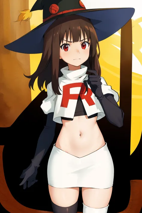 anime coloring,
1girl, solo red eyes, brown hair,short hair with long locks, bangs,looking at viewer,cowboy shot,witch hat,team rocket,team rocket uniform,white skirt,crop top,black thigh-highs,black elbow gloves,