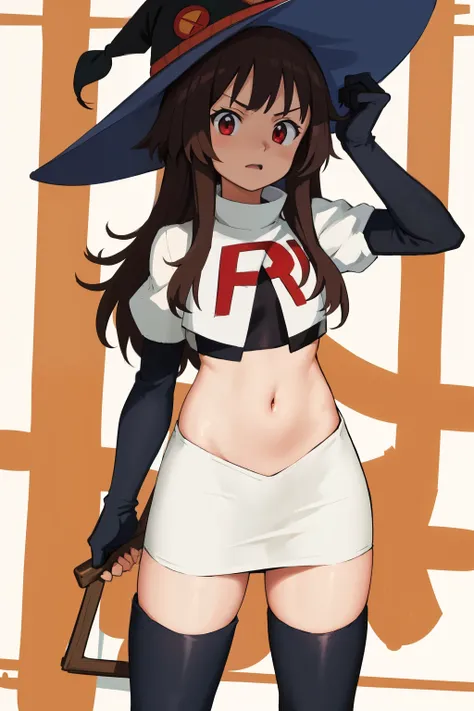 anime coloring,
1girl, solo red eyes, brown hair,short hair with long locks, bangs,looking at viewer,cowboy shot,witch hat,team rocket,team rocket uniform,white skirt,crop top,black thigh-highs,black elbow gloves,