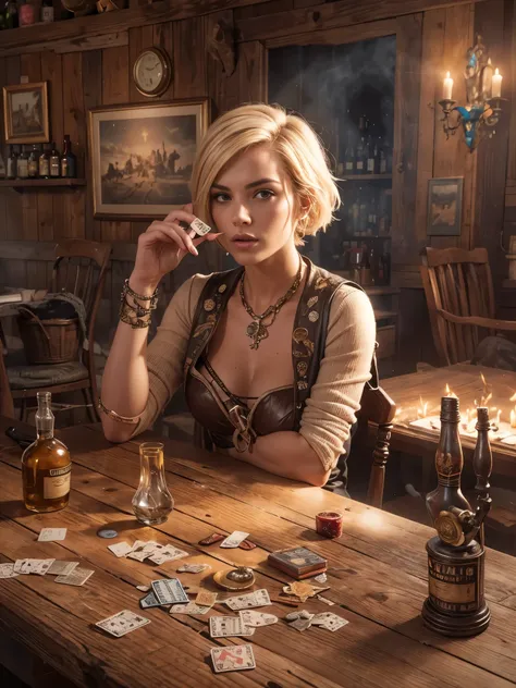 Short Haired Female Cowboy in a Saloon in the Old West,Blonde,Sitting,Smoking Pipe,Table Wisky,Piano,6 Bullet Revolver,Barrel,Table,Playing Cards,Dust,Artwork,3D,4K,Detailed,Realistic