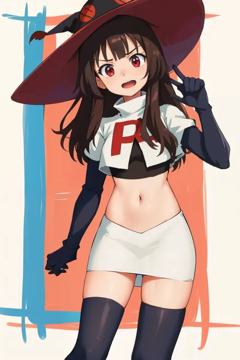 anime coloring,
1girl, solo red eyes, brown hair,short hair with long locks, bangs,looking at viewer,cowboy shot,witch hat,team rocket,team rocket uniform,white skirt,crop top,black thigh-highs,black elbow gloves,