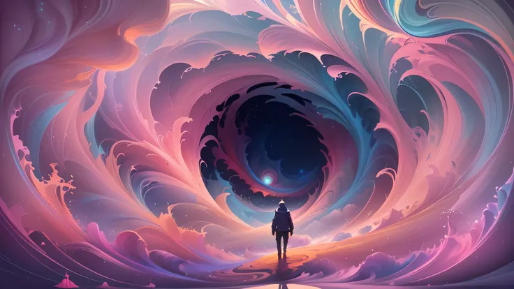 a man standing in front of a giant vortex of colorful clouds, inspired by Cyril Rolando, cyril rolando and goro fujita, in style of cyril rolando, surreal concept art, 4k highly detailed digital art, 8k stunning artwork, psychedelic surreal art, beeple and...