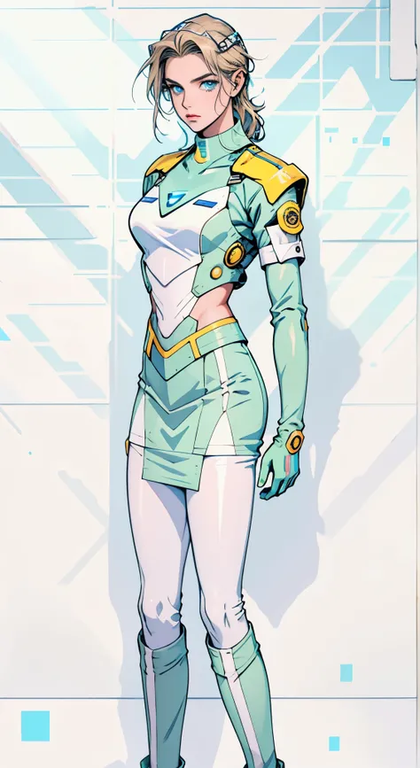 A girl with short light golden hair, a metal headband on her forehead, an icy gaze, a detached expression, a smooth and exquisite facial appearance, a sci-fi military uniform, white as the main color, complemented by blue and yellow accents, short sleeves,...