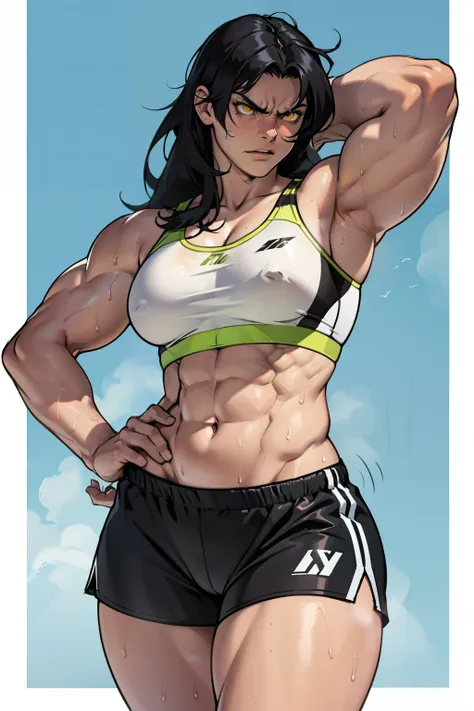 black hair, yellow eyes, solo, sweaty, shiny skin, angry, pale skin, (((muscular, 1girl))), curvy, thin waist, very long hair, short shorts, navel, sports bra