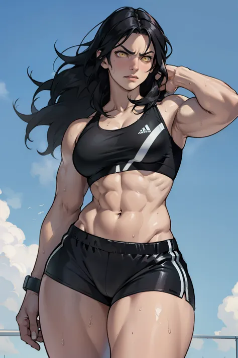 black hair, yellow eyes, solo, sweaty, shiny skin, angry, pale skin, (((muscular, 1girl))), curvy, thin waist, very long hair, short shorts, navel, sports bra