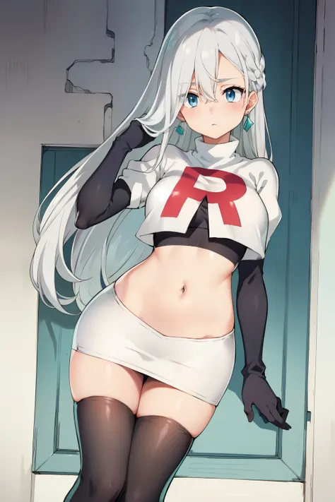 silver hair, blue eyes, light skin, turquoise earrings, (covered eye by hair:1.3), elizabeth, team rocket,team rocket uniform,wh...