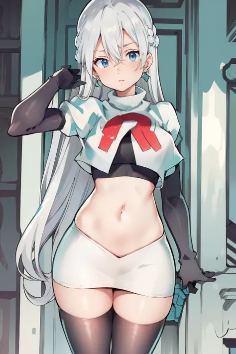 Silver hair, blue eyes, light skin, turquoise earrings, (covered eye by hair:1.3), Elizabeth, team rocket,team rocket uniform,white skirt,crop top,black thigh-highs,black elbow gloves,