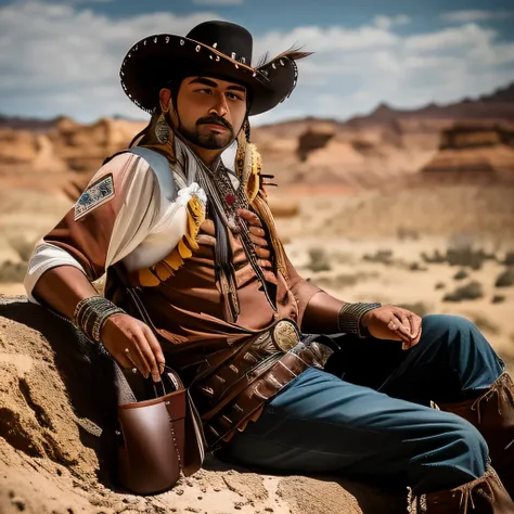 araffe sitting on a rock in a desert with a hat and a bag, portrait of a rugged ranger, cowboy portrait, mexican vaquero, dressed as a western sheriff, western steampunk cyborg, post - apocalyptic cowboy, western gunslinger, cowboy portrait male, portrait ...