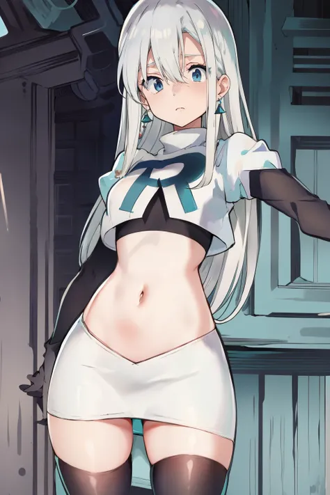 Silver hair, blue eyes, light skin, turquoise earrings, (covered eye by hair:1.3), Elizabeth, team rocket,team rocket uniform,white skirt,crop top,black thigh-highs,black elbow gloves,