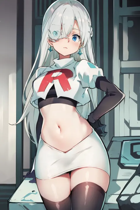 Silver hair, blue eyes, light skin, turquoise earrings, (covered eye by hair:1.3), Elizabeth, team rocket,team rocket uniform,white skirt,crop top,black thigh-highs,black elbow gloves,